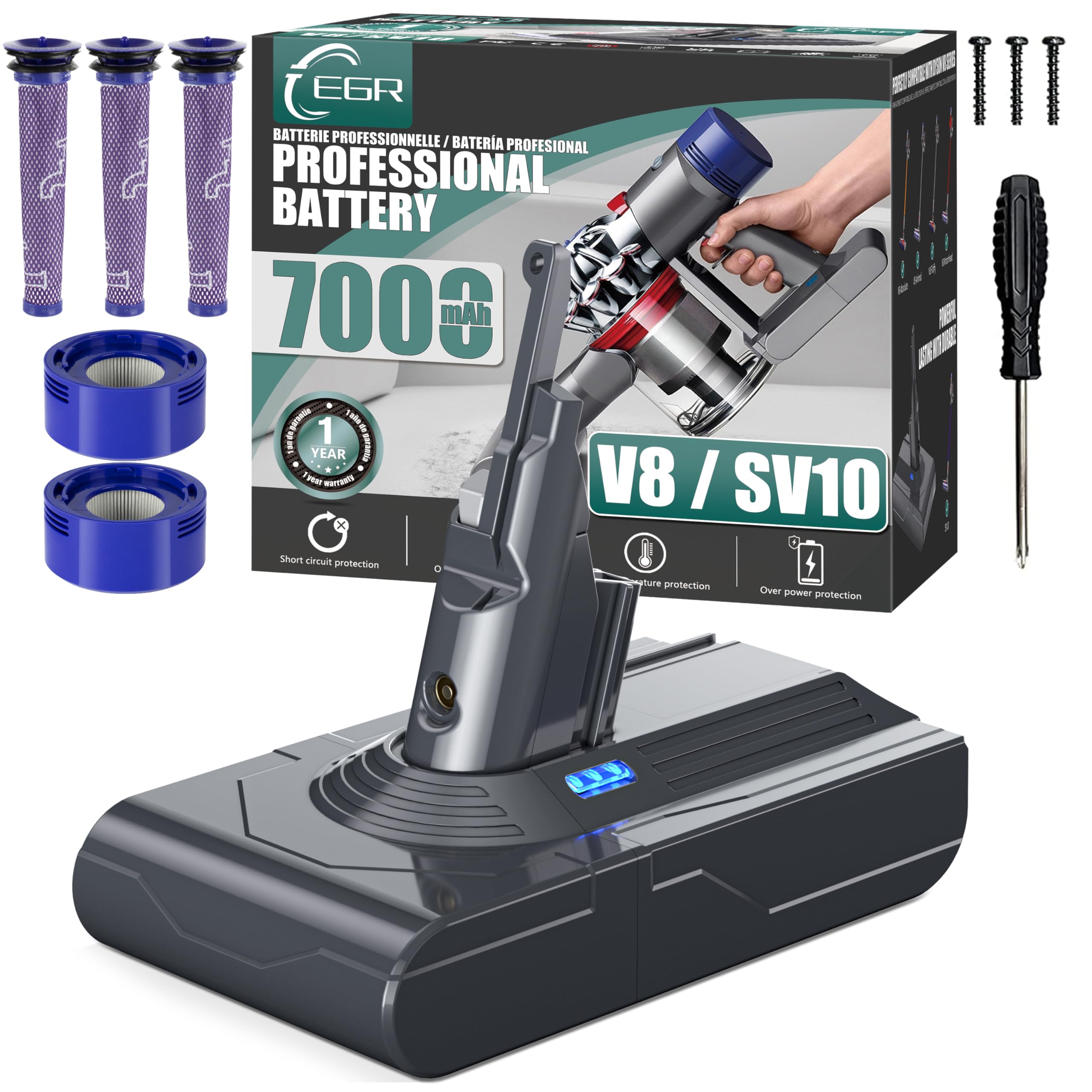 EGR Upgraded V8 Battery Replacement Compatible with Dyson V8 Absolute/Motorhead/Fluffy/SV10 Carbon Fiber Vacuum Cleaner 5 Filters and 3 Screws Included