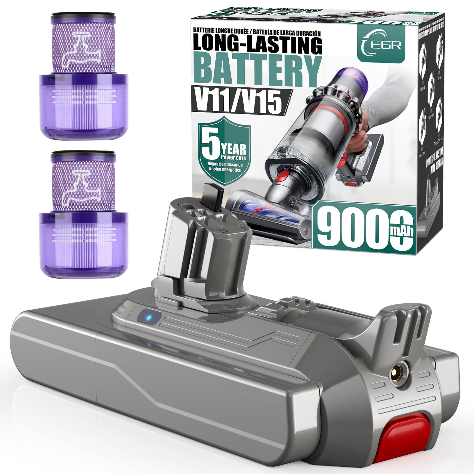 EGR 9000mAh V11 Battery Replacement Compatible with Dyson Click-in Installation for Extra/Absolute/Animal/Torque/Drive/Outsize/V11/V15/SV15/SV22/970425-01 Vacuum (Not for Screw-in Models)