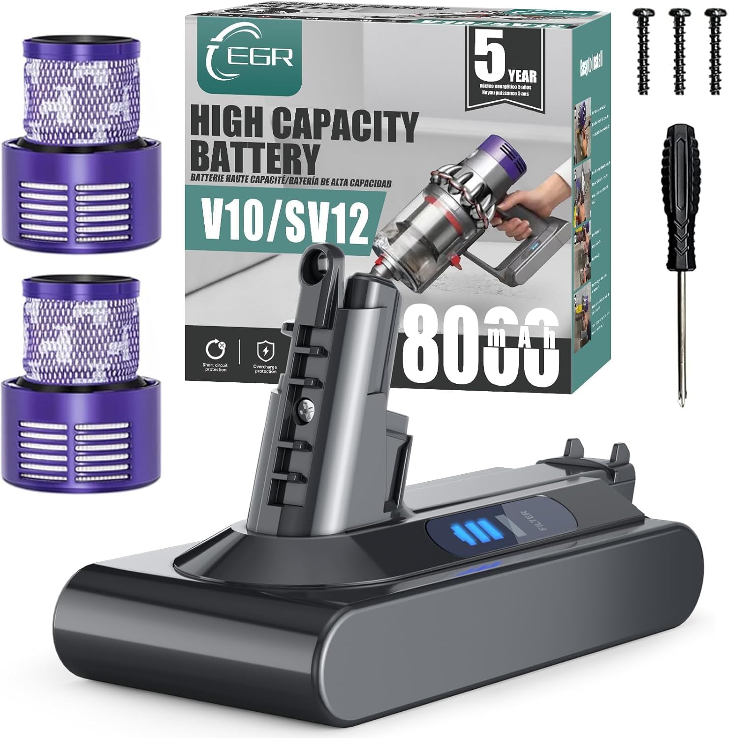 EGR 8000mAh Battery Replacement Compatible with Dyson V10 Animal/Absolute/Fluffy/Motorhead SV12 Cordless Stick Vacuum Cleaner with 2 Filters